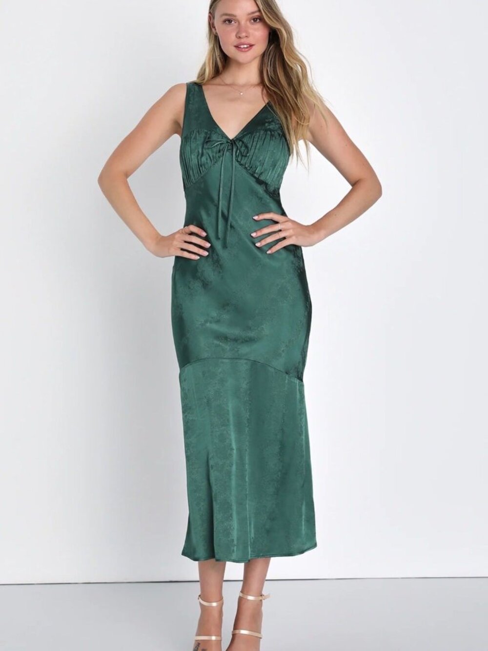 NWT Lulus Exceptional Ideal Emerald Green Satin Jacquard Midi Dress